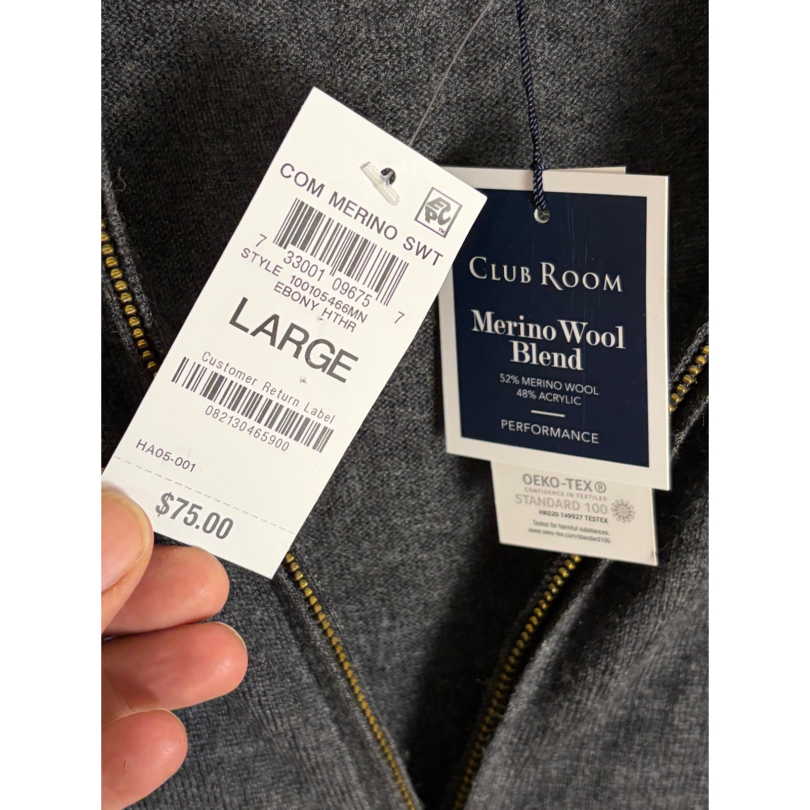 Club Room Grey Merino Wool Blend Full Zip Sweater Mens L Nwt — image 5 of 8